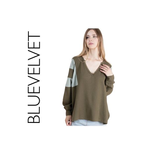 Blue Velvet Tops - Bluevelvet Thermal waffleknit block sleeve oversize pullover